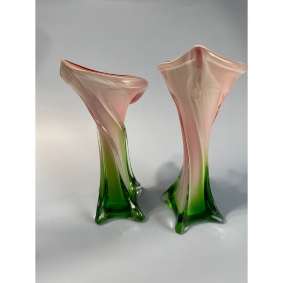 Pair Of Vintage Murano Jack In The Pulpit Calla Lily Vases Italy 8" & 9" - Picture 7 of 9